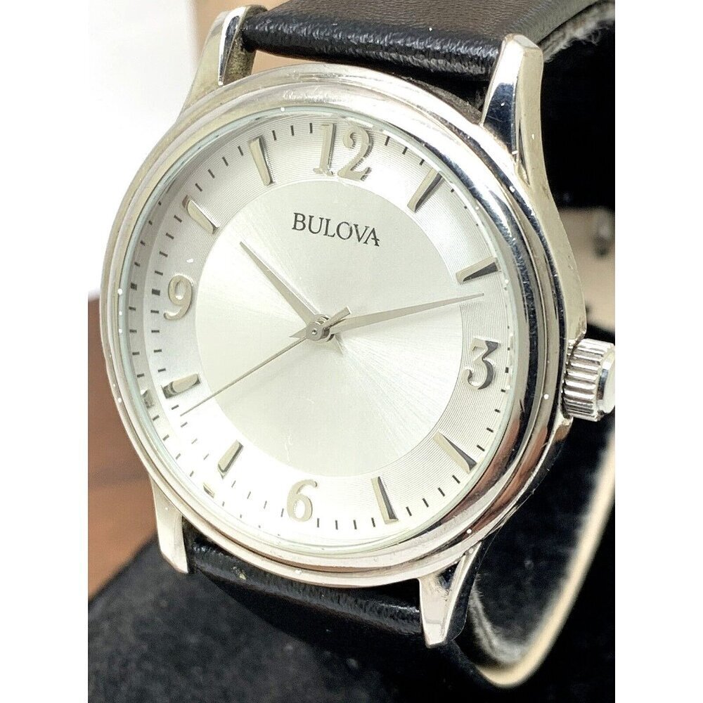 Bulova Men's Watch 96A28 Quartz Logo Silver Dial Black Leather Strap 38m…